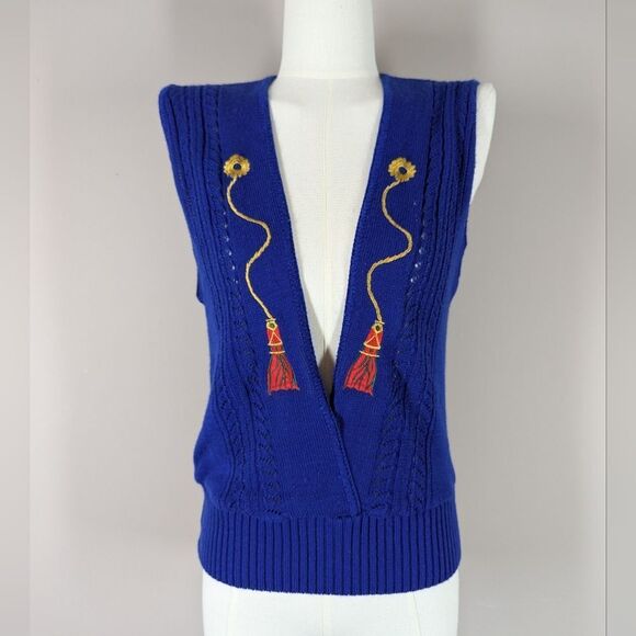 Sweaters - Vintage Blue Acrylic Vest Embroidered Tassels Size 6 Retro